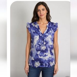 LOFT Water Color Floral Blue Ruffle Detail Semi Sheer Lightweight Top Medium